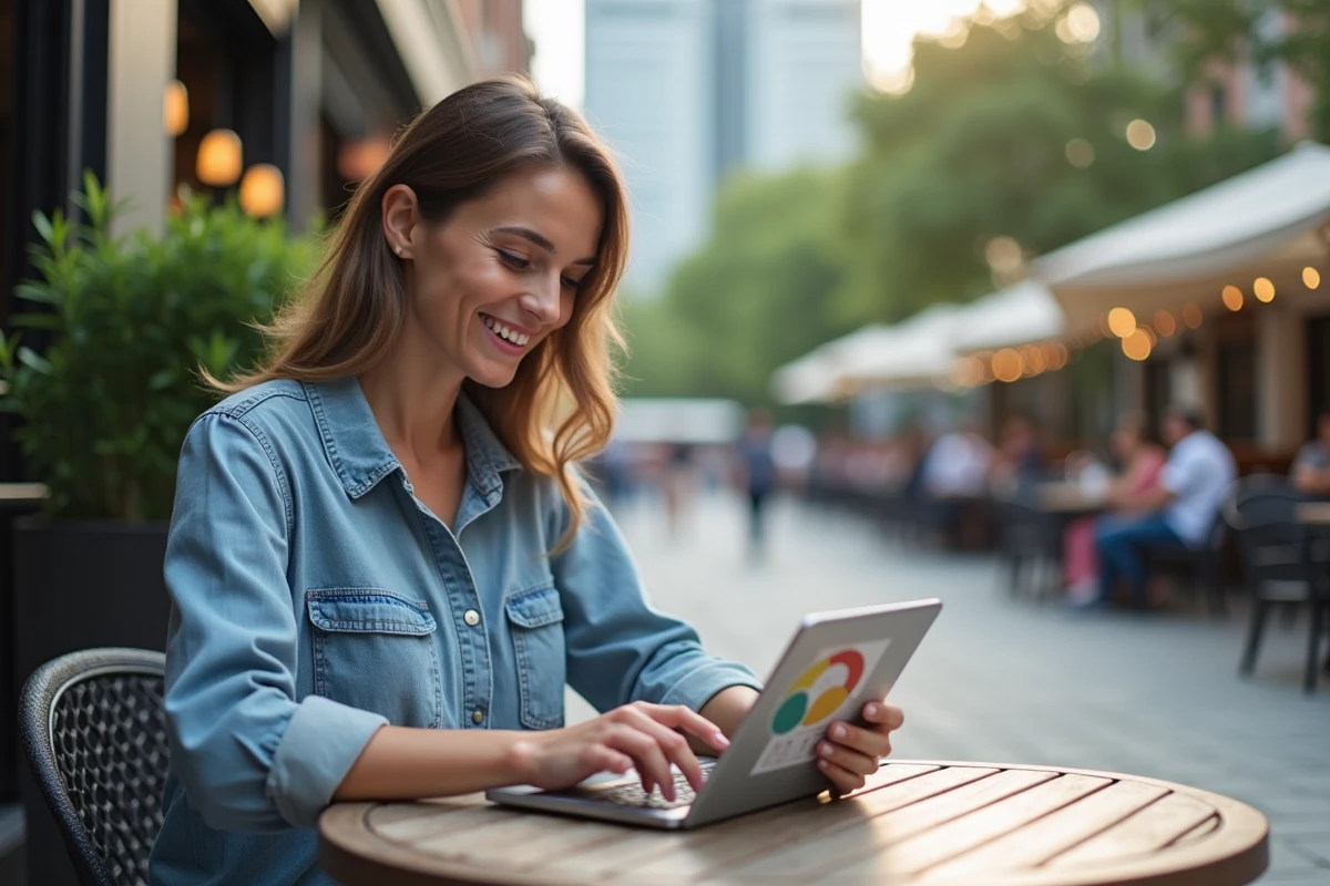 Jeune femme au café regardant une infographie sur tablette