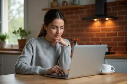 Femme utilisant un ordinateur portable pour créer une cagnotte en ligne sécurisée depuis sa cuisine