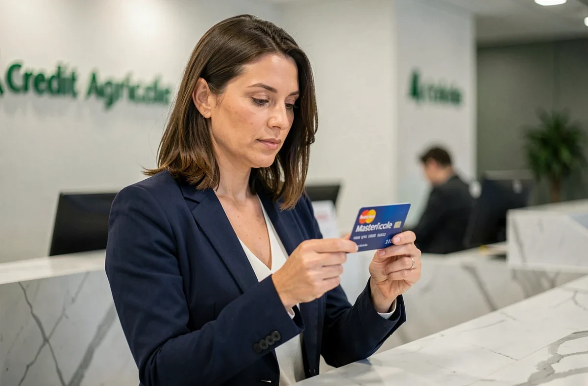 Femme tenant une carte Mastercard Crédit Agricole dans une agence bancaire moderne