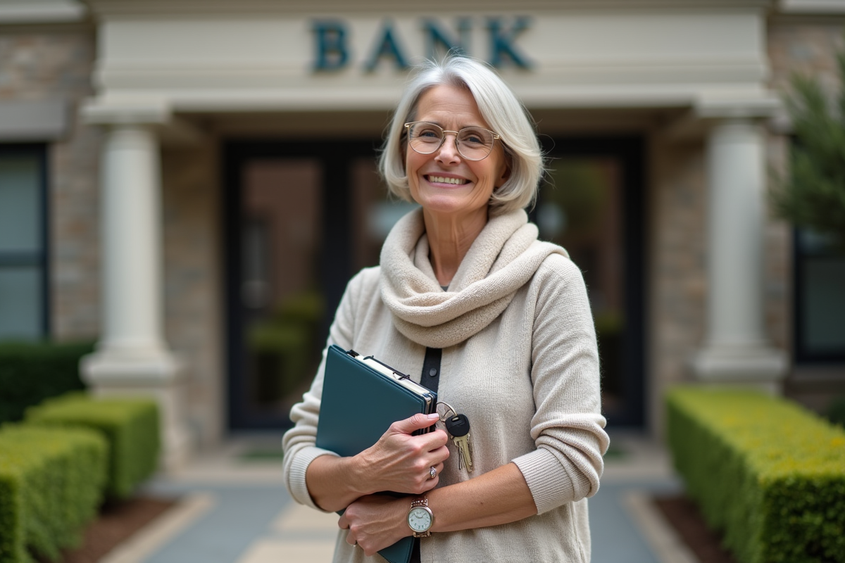 Femme souriante avec clés de maison devant une banque en extérieur