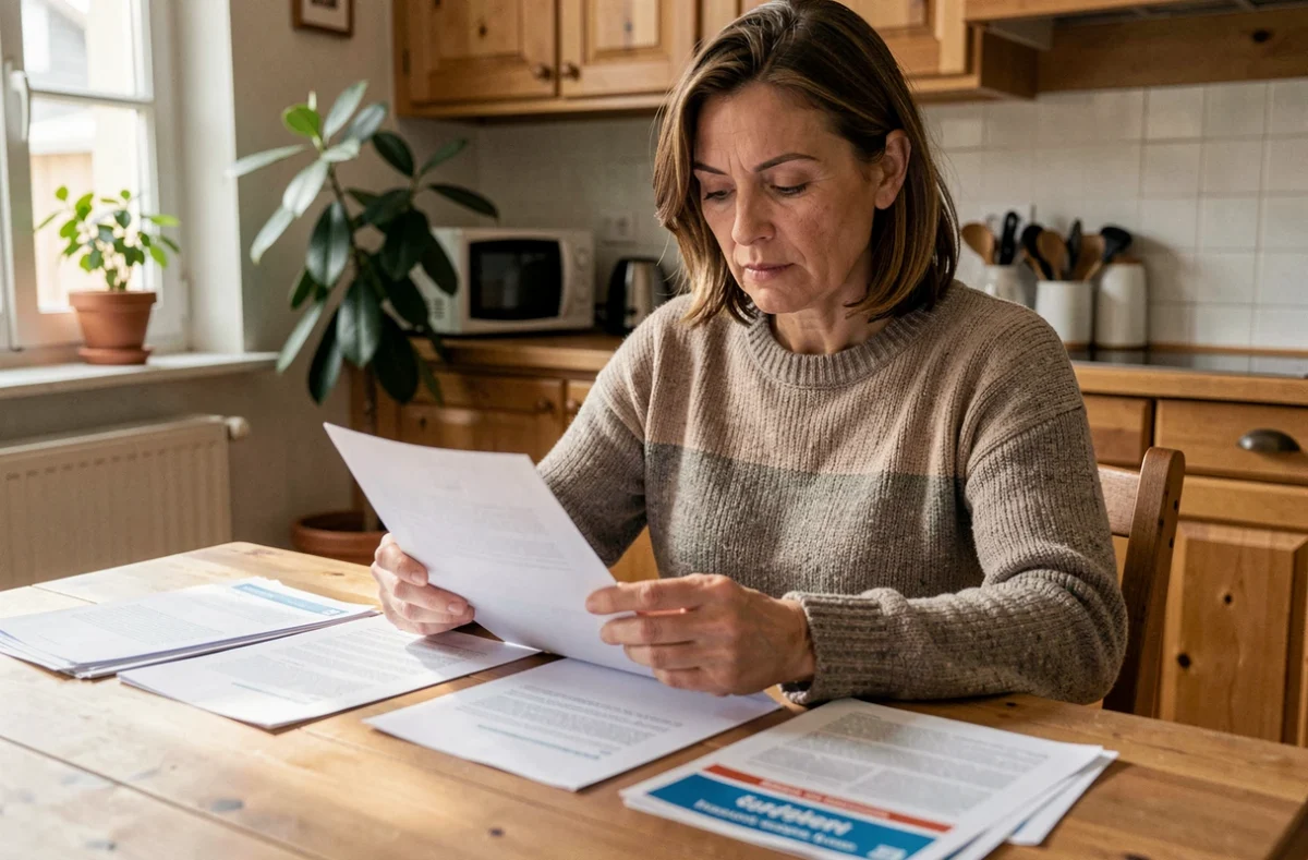 Femme de 40 ans qui compare des brochures de mutuelle santé à la table de sa cuisine