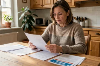 Femme de 40 ans qui compare des brochures de mutuelle santé à la table de sa cuisine