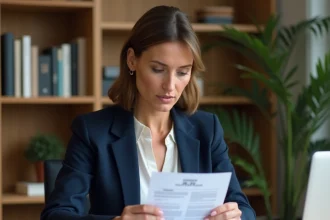 Femme consultant un document bancaire sur son bureau à domicile, illustrant la gestion d'un livret d'épargne LEL
