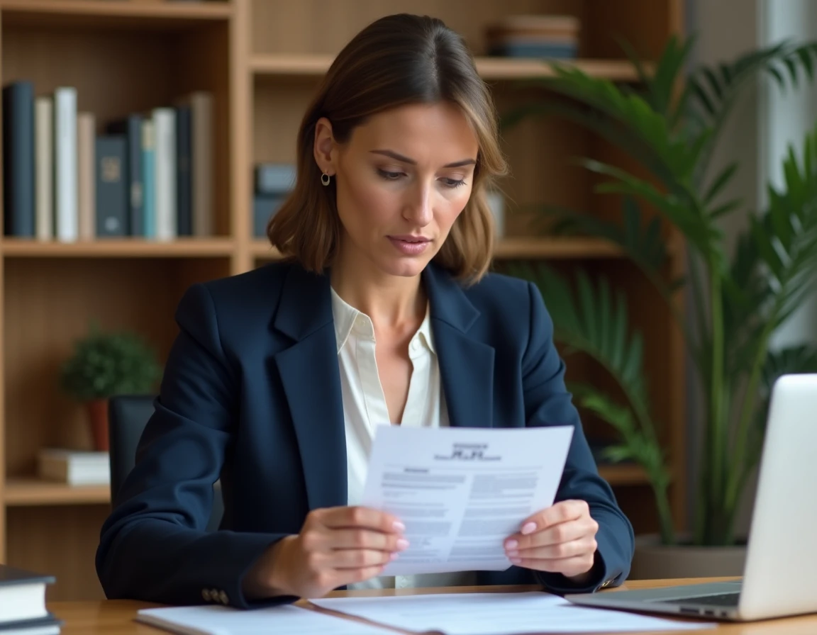 Femme consultant un document bancaire sur son bureau à domicile, illustrant la gestion d'un livret d'épargne LEL