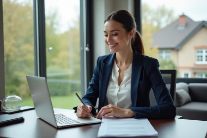 Femme d'affaires étudie un contrat de prêt immobilier dans son bureau