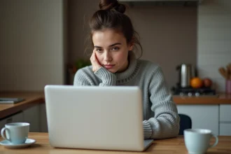 Jeune femme en cuisine regardant son ordinateur portable