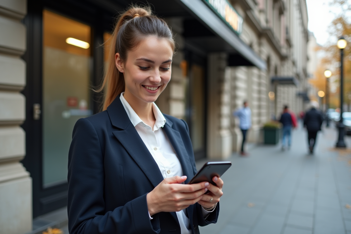 Jeune femme vérifiant son portefeuille crypto devant un bâtiment