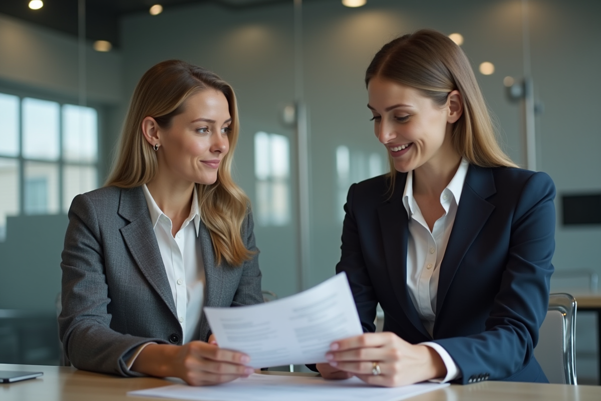 Femme en business casual discutant avec un conseiller bancaire