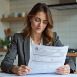 Femme en blazer examine des documents d'assurance dans une cuisine lumineuse