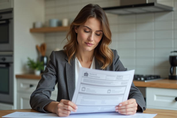 Femme en blazer examine des documents d'assurance dans une cuisine lumineuse