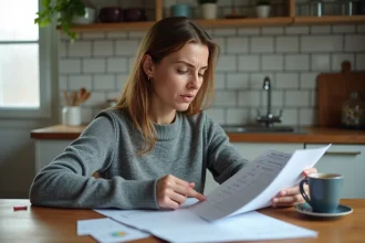 Femme de 40 ans consultant des documents sur le chômage à une table de cuisine, illustrant la question du temps de travail nécessaire pour ouvrir des droits au chômage