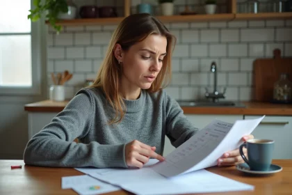 Femme de 40 ans consultant des documents sur le chômage à une table de cuisine, illustrant la question du temps de travail nécessaire pour ouvrir des droits au chômage