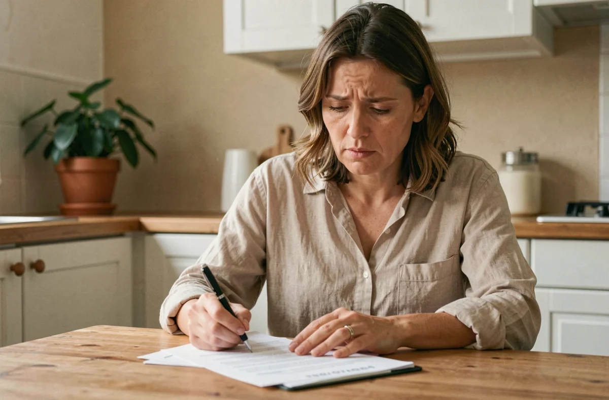 Femme consultant des documents de prêt immédiat à la maison en France
