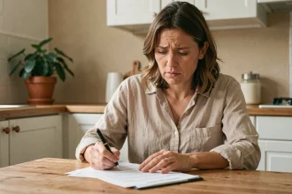 Femme consultant des documents de prêt immédiat à la maison en France