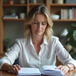 Femme d'âge moyen examine des documents financiers à la maison
