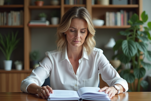 Femme d'âge moyen examine des documents financiers à la maison