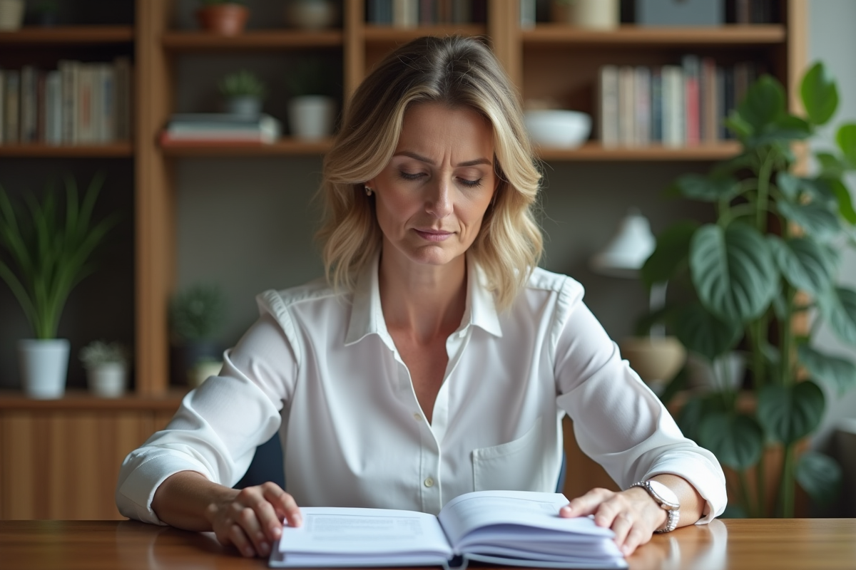 Femme d'âge moyen examine des documents financiers à la maison