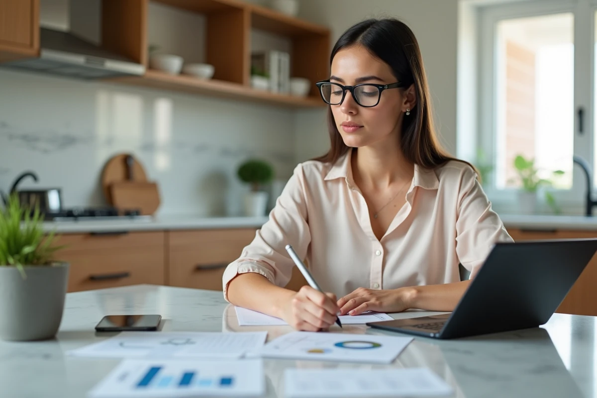 Jeune femme étudiant des documents financiers à la maison