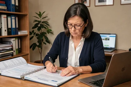 Femme remplissant le formulaire fiscal 2041-DPTF-SD à son bureau à domicile avec des documents administratifs