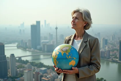 Femme d'âge moyen tenant un globe avec villes du monde entier