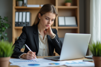 Femme d affaires concentrée sur des graphiques immobiliers