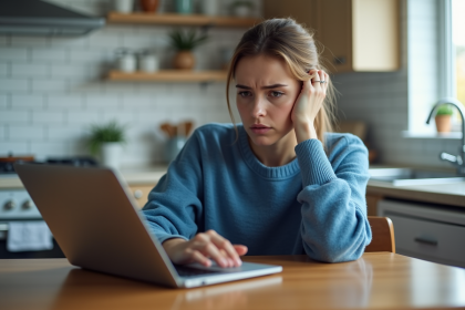 Jeune femme inquiète devant son ordinateur en cuisine