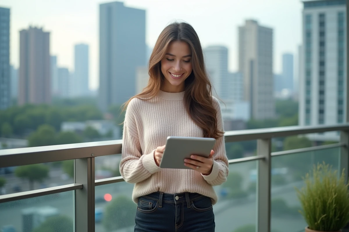 Jeune femme souriante avec tablette d