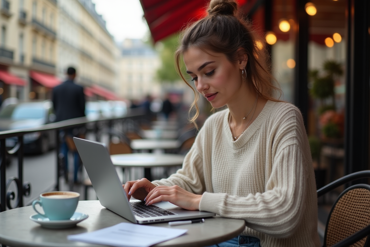 Jeune femme analysant des rapports financiers en terrasse
