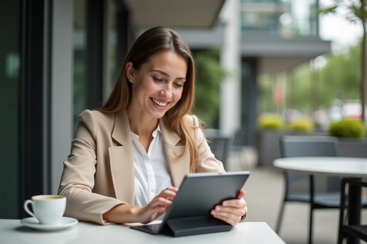 Jeune femme souriante vérifiant des données boursieres