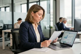Femme investisseure analysant des documents financiers SCPI dans un bureau moderne
