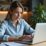 Jeune femme vérifiant des factures digitales à la maison
