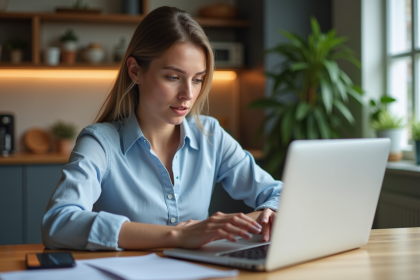 Jeune femme vérifiant des factures digitales à la maison