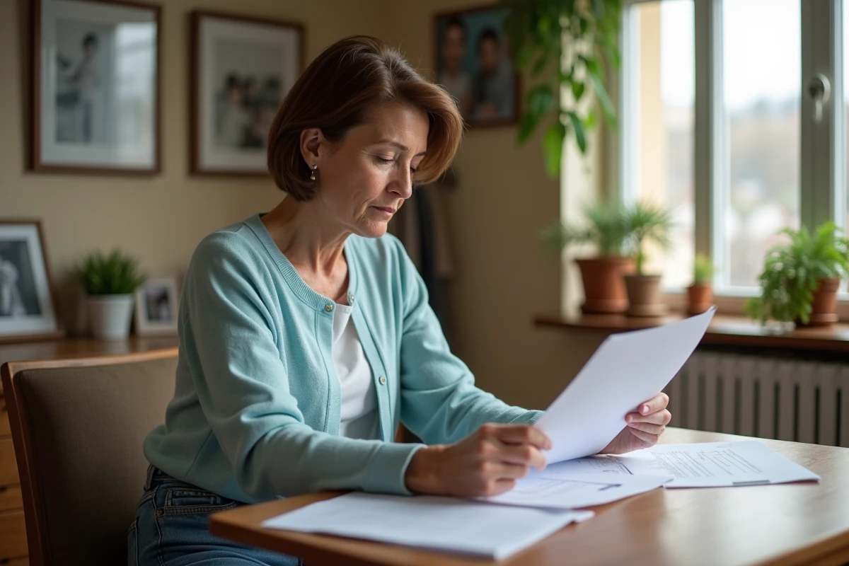Femme d'âge moyen lisant documents d'assurance à la maison