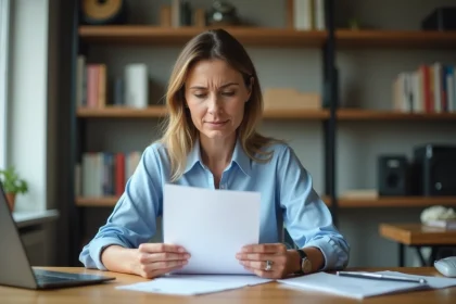 Femme lisant une lettre de réponse de la Banque Postale concernant une réclamation bancaire