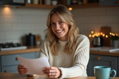 Femme souriante lisant une lettre dans la cuisine chaleureuse