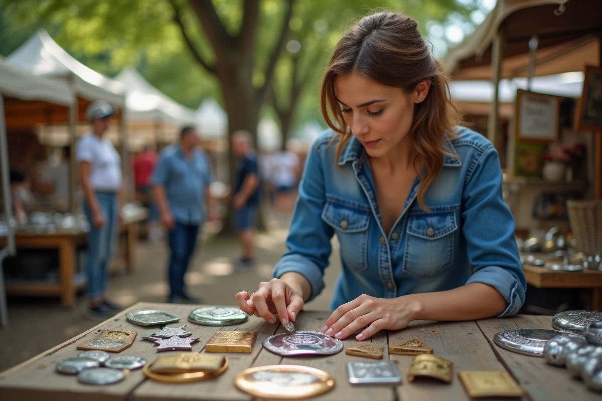 Femme compare des échantillons de métaux sur une table en plein air