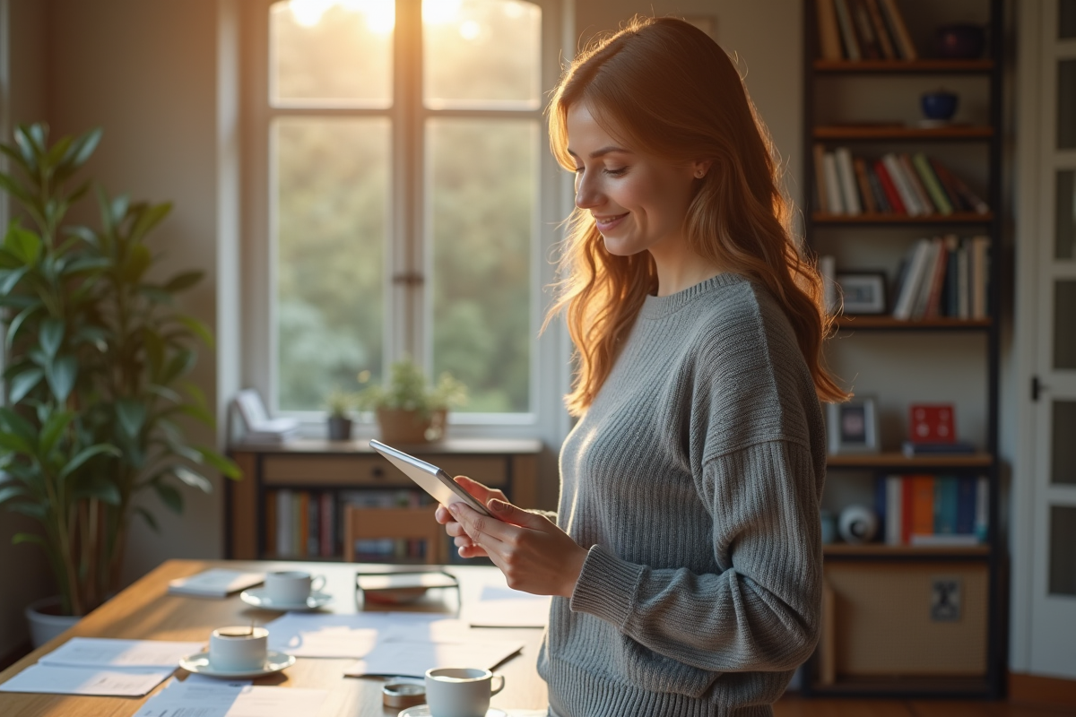 Jeune femme utilisant une tablette dans un espace de travail à domicile