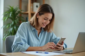 Femme paramétrant des alertes SMS sur l'application bancaire Bp du Sud Cyberplus depuis son domicile