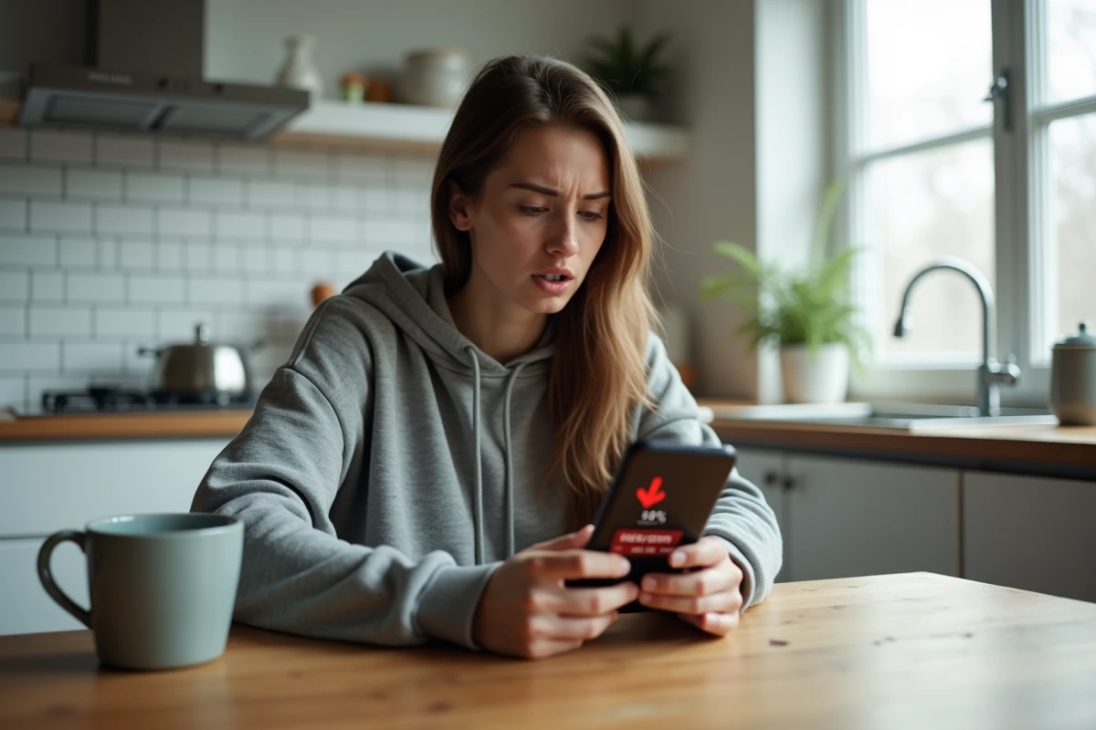Femme consultant son portefeuille crypto en baisse sur smartphone à la maison