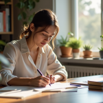 Femme concentrée remplissant un formulaire de prêt à domicile