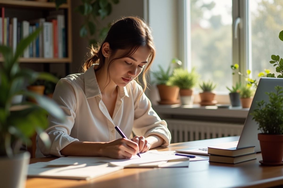 Femme concentrée remplissant un formulaire de prêt à domicile