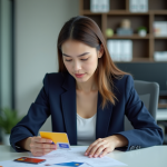 Jeune femme professionnelle examine des cartes bancaires