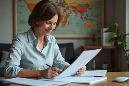 Femme d'âge moyen examinant des documents de retraite