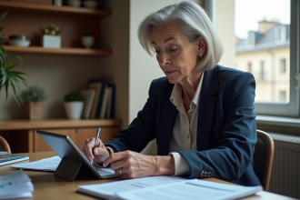 Femme d'environ cinquante ans concentrée sur son calcul de pension