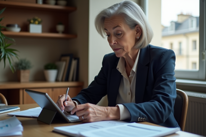 Femme d'environ cinquante ans concentrée sur son calcul de pension