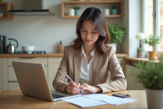 Femme d affaires examine ses comptes dans une cuisine lumineuse