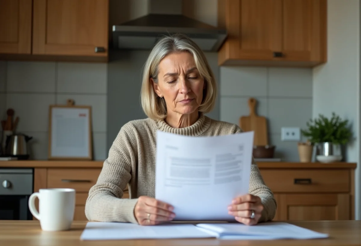 Femme d'âge moyen lisant des documents dans la cuisine
