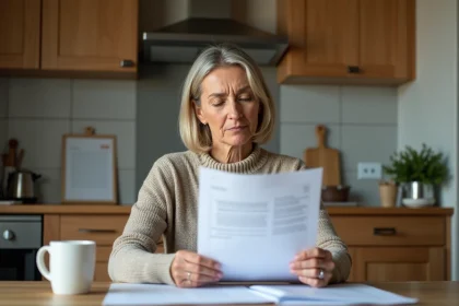 Femme d'âge moyen lisant des documents dans la cuisine