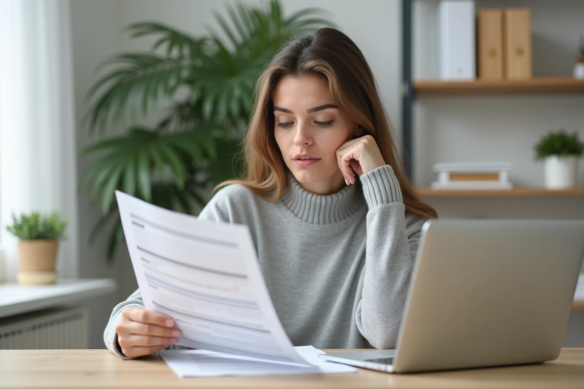 Jeune femme examinant ses papiers CERFA dans un bureau à domicile