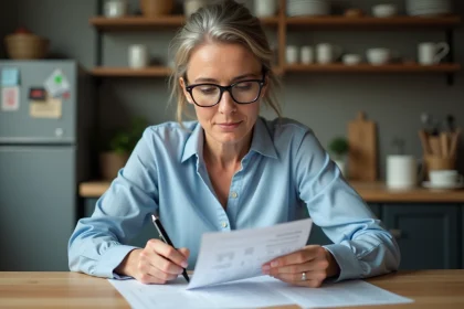 Femme d'âge moyen examine ses relevés bancaires à la maison